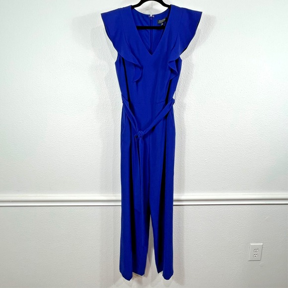 Tahari‎ Arthur S Levine Jumpsuit Women's 10P Royal Blue Wide Leg Flutter Sleeve - Picture 1 of 12